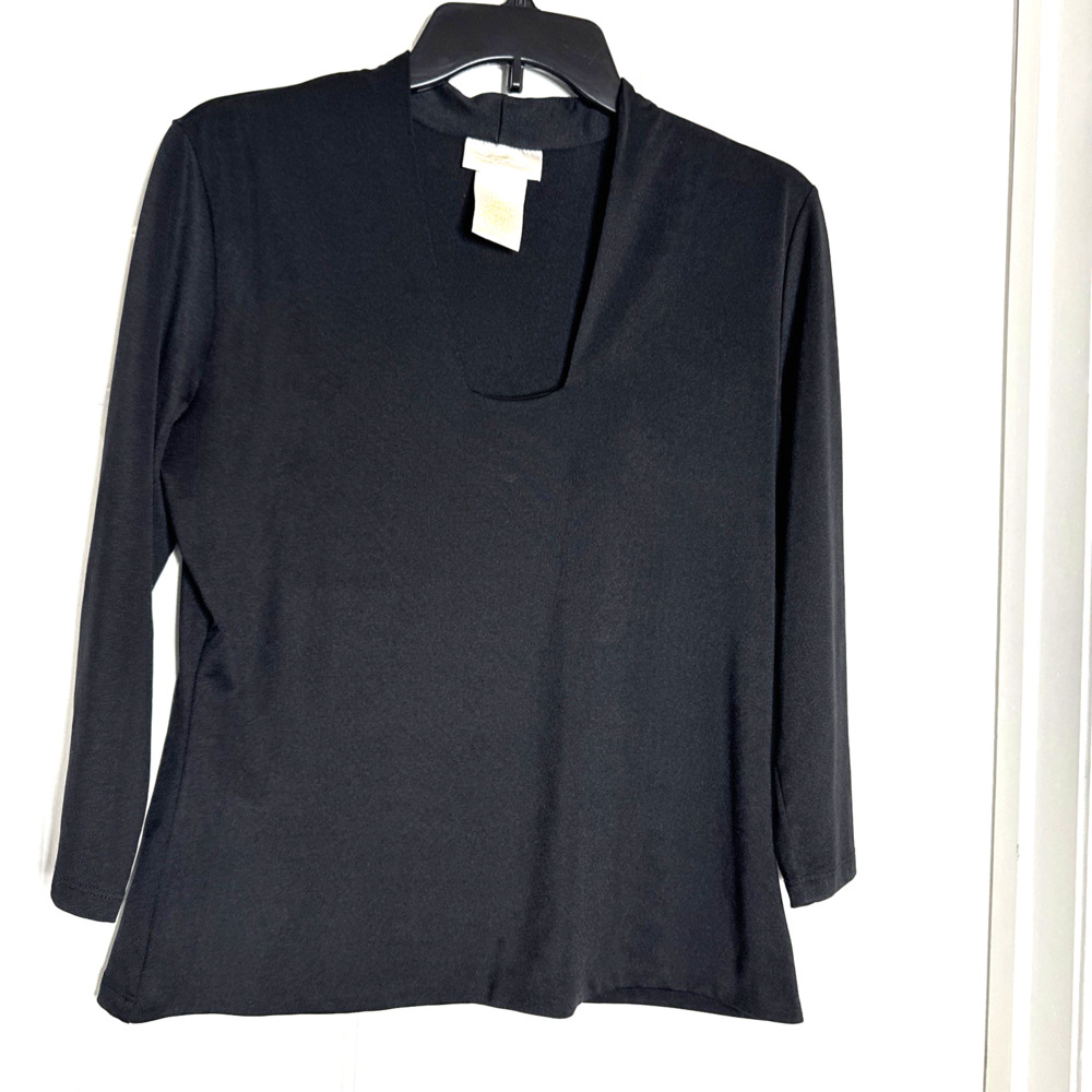 VTG Lucy Perida Black Luxe Stretch Jersey Squared V 3/4 SL Women's Top Chic L